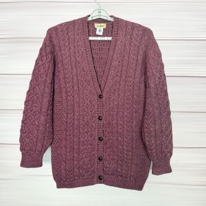 L.L. Bean Vintage Aran Cable Knit Cardigan Mauve Wool V-neck Fisherman Ireland M